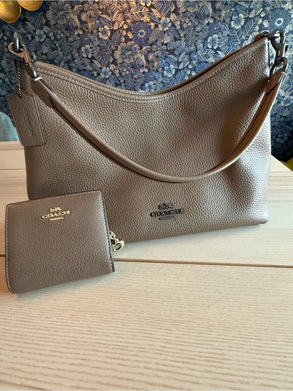 Coach Taupe Pebbled Leather Shoulder Bag with Matching Wallet
